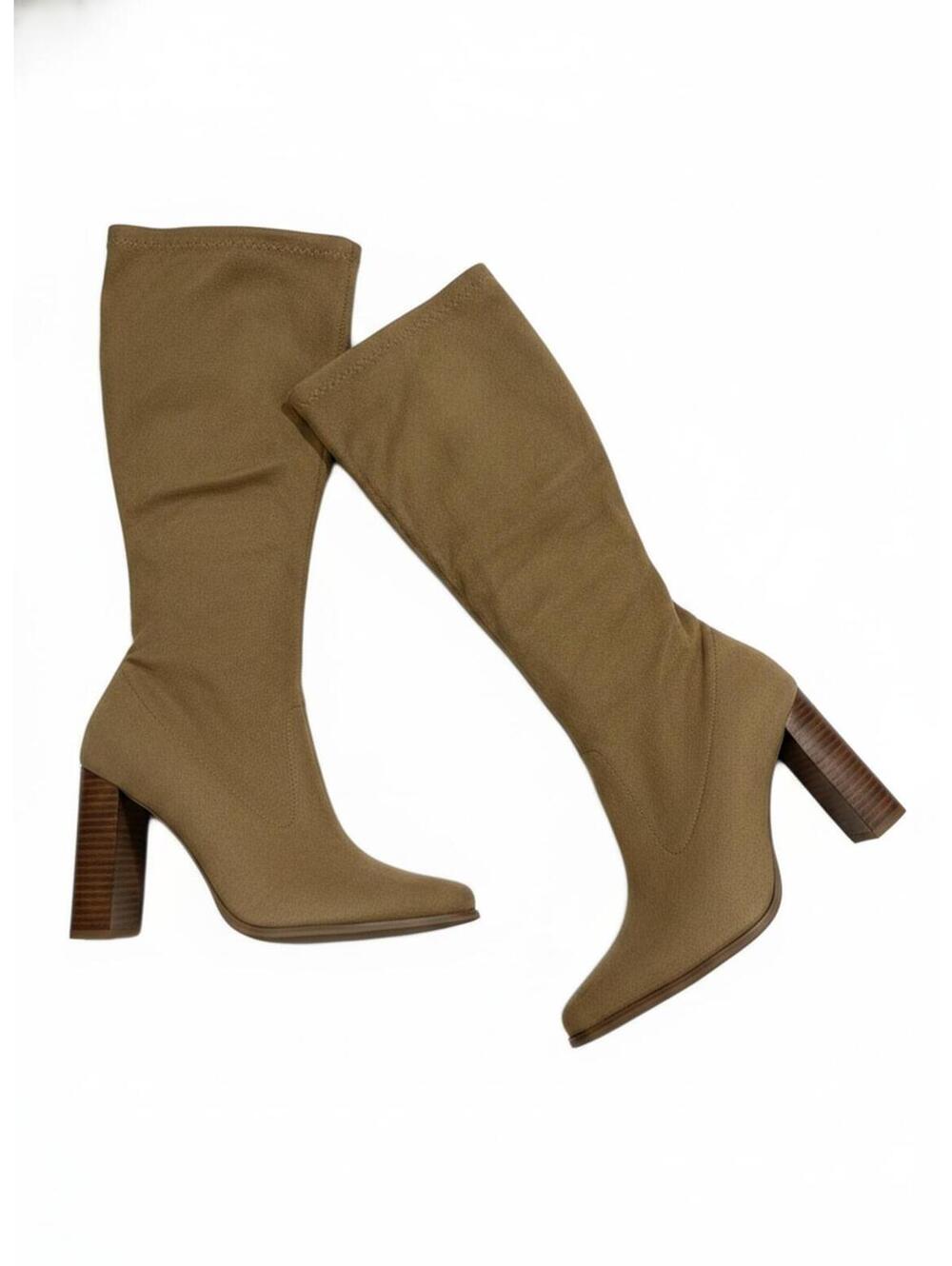 Bongo Women's Knee-High Tan Vegan Suede Boots with Block Heel - Size 6.5 Fall